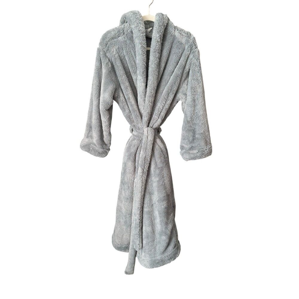 Pottery Barn Fireside Cozy Plush Robe Cloud Blue Hood Pockets Bath Medium - Picture 3 of 11